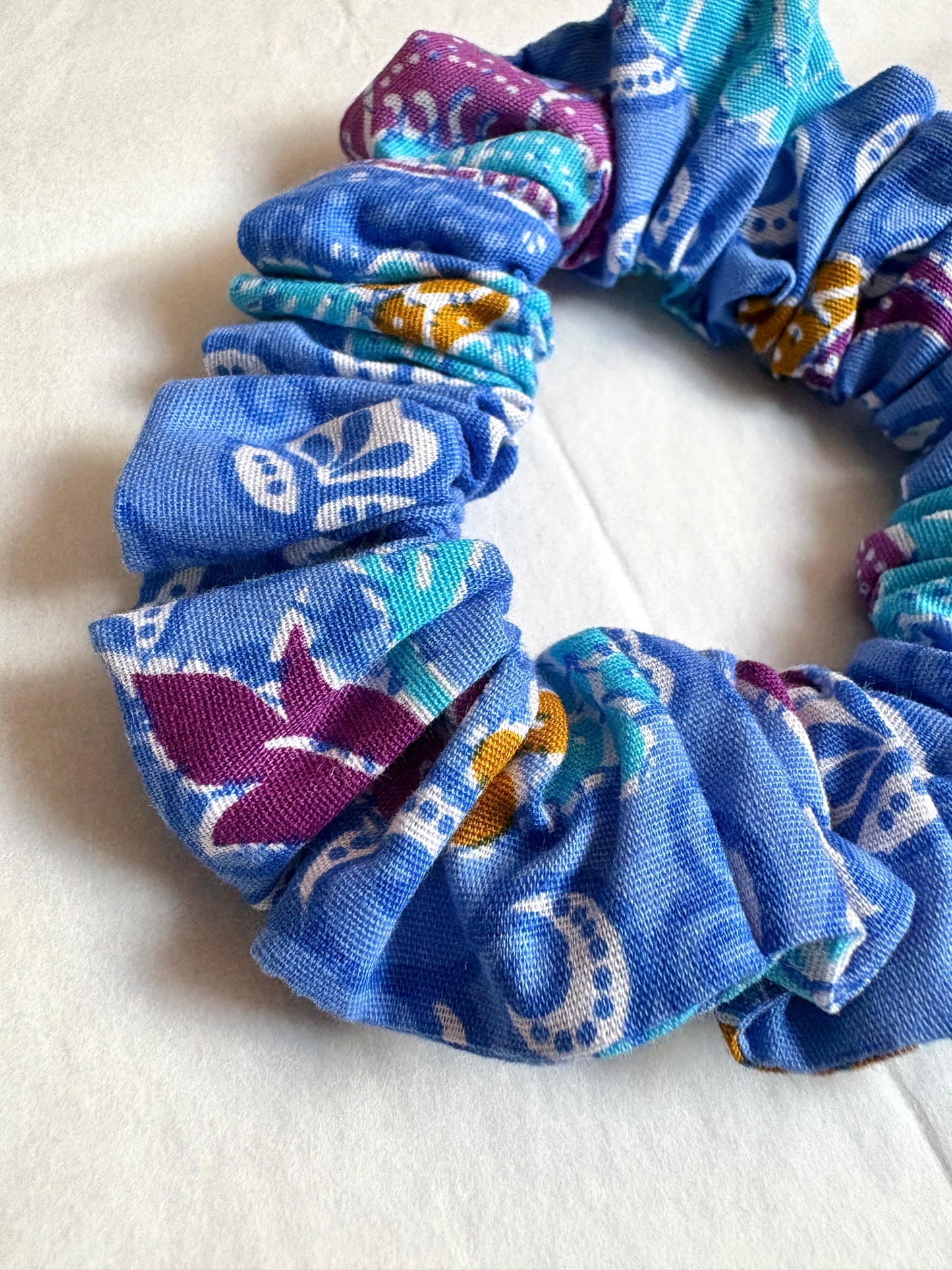 Blue Batik scrunchie handmade in Singapore.