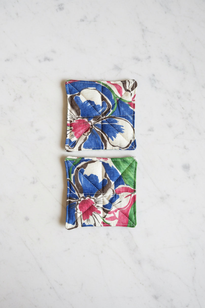 Handmade in Singapore floral coasters quilted in 3 different patterns using Japanese YUWA linen fabric sourced from Nagoya.