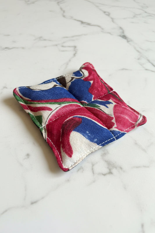 Handmade in Singapore floral coasters quilted in 3 different patterns using Japanese YUWA linen fabric sourced from Nagoya.