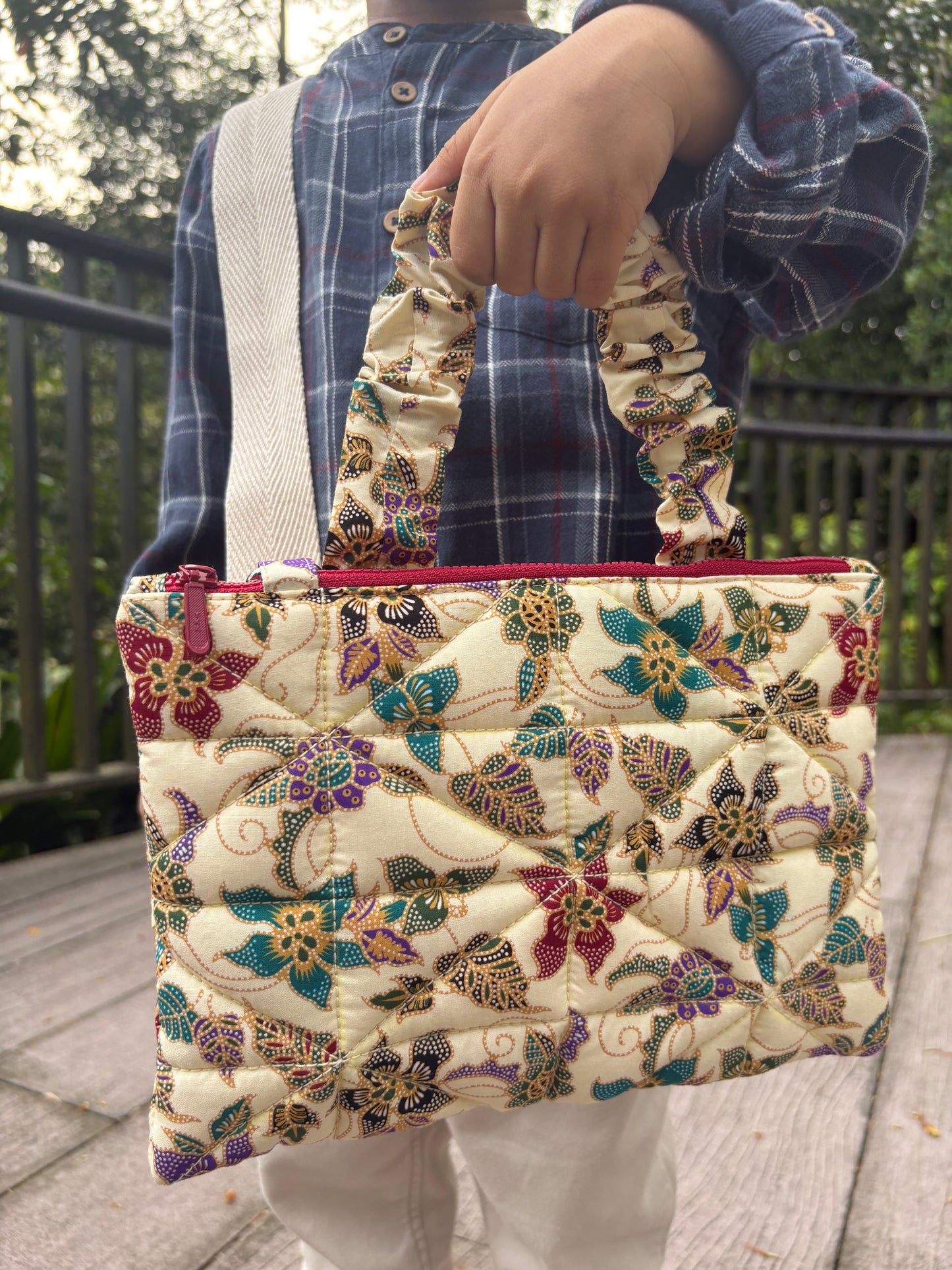 Batik Bag with Crossbody Strap and Ruffle Handle
