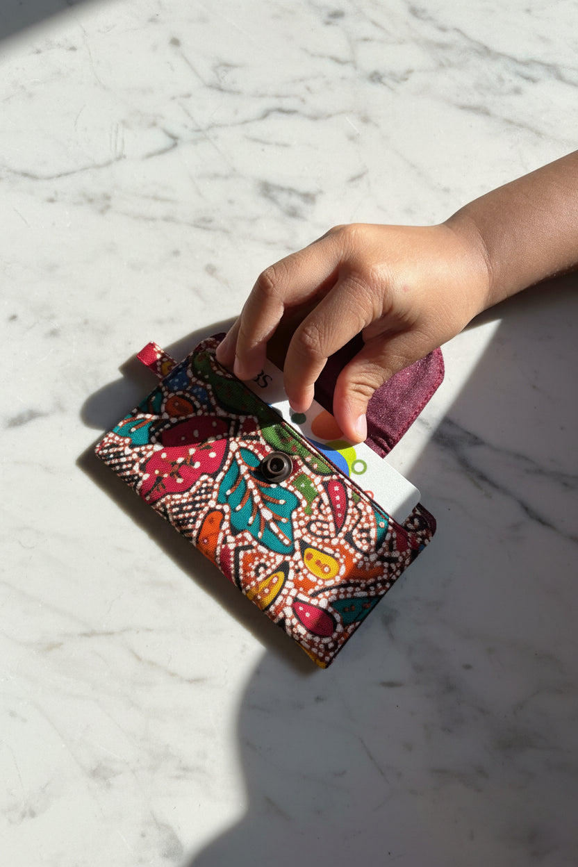 Red Batik card holder with 2 tiers and key holder loop, handmade in Singapore.