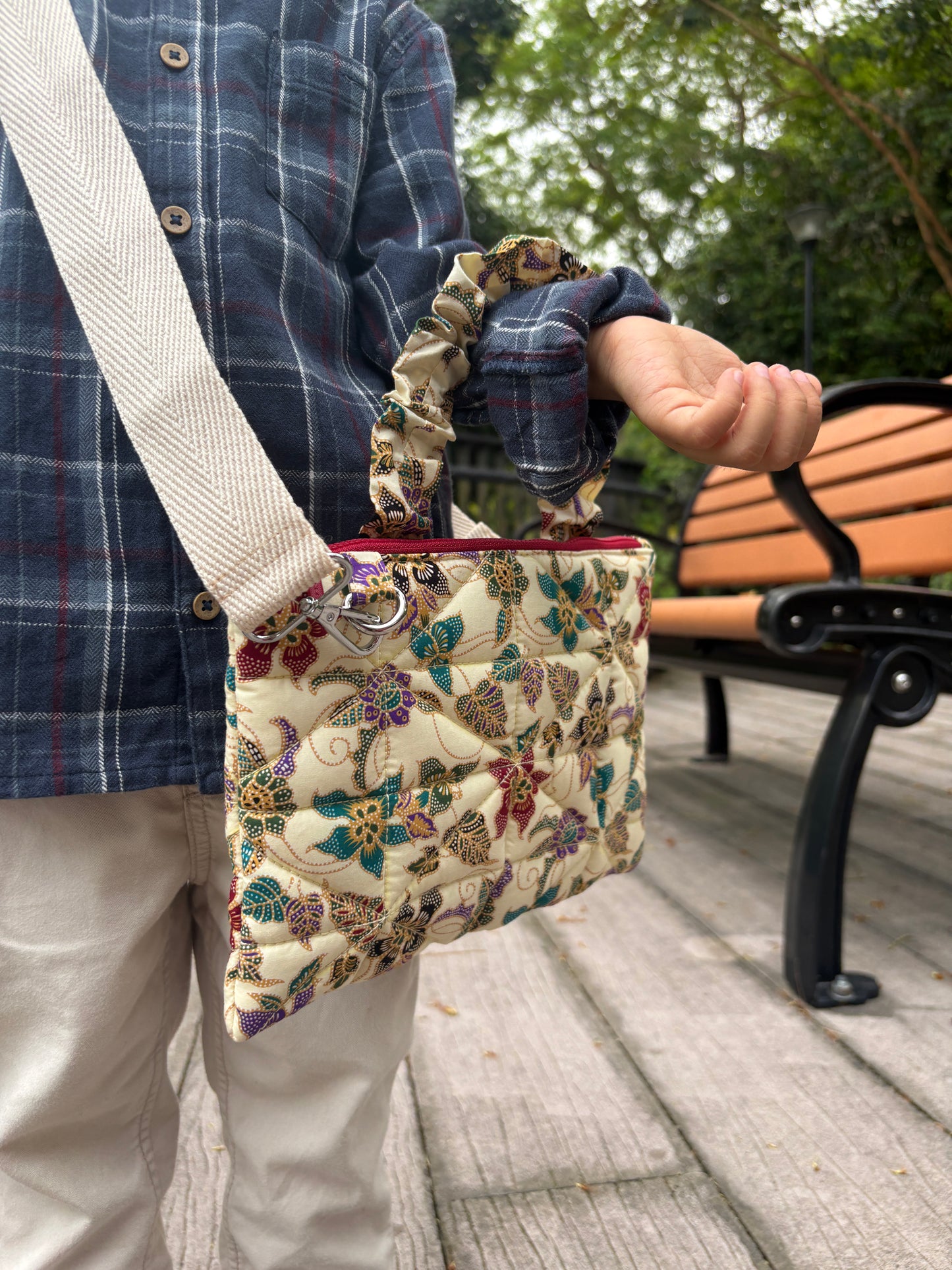 Batik Bag with Crossbody Strap and Ruffle Handle