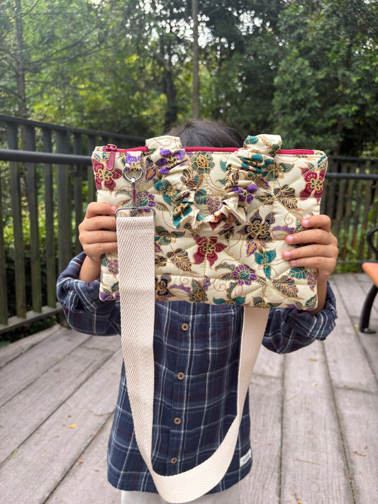 Batik Bag with Crossbody Strap and Ruffle Handle
