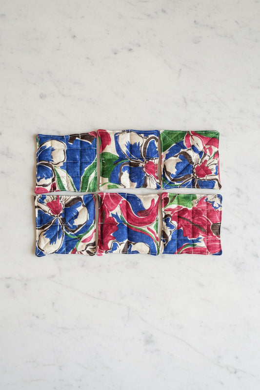 Handmade in Singapore floral coasters quilted in 3 different patterns using Japanese YUWA linen fabric sourced from Nagoya.