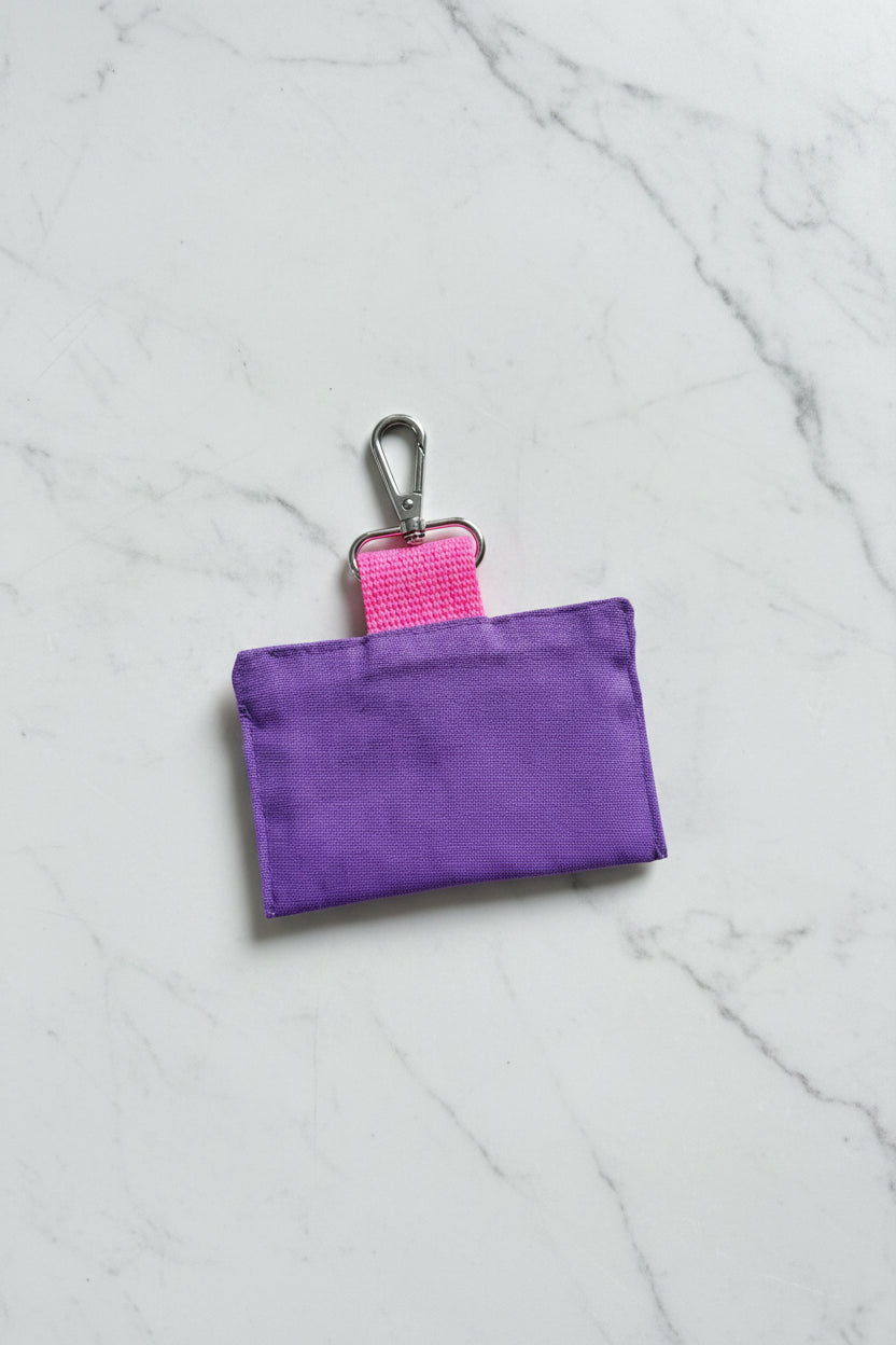 Japanese canvas card holder, securely stores 6 cards with lobster clasp to hook on to keys, lanyard, bag or belt loop.