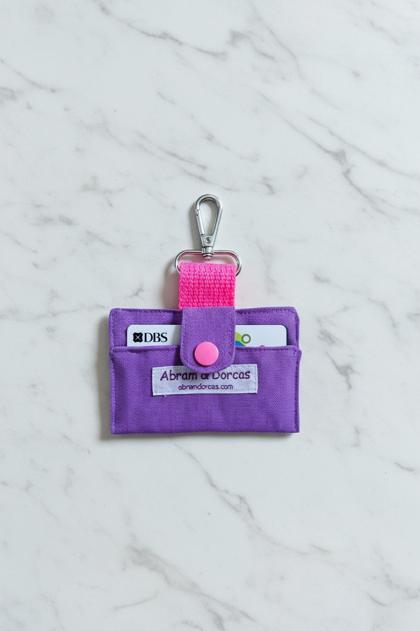 Japanese canvas card holder, securely stores 6 cards with lobster clasp to hook on to keys, lanyard, bag or belt loop.