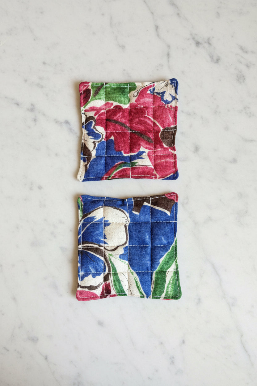 Handmade in Singapore floral coasters quilted in 3 different patterns using Japanese YUWA linen fabric sourced from Nagoya.