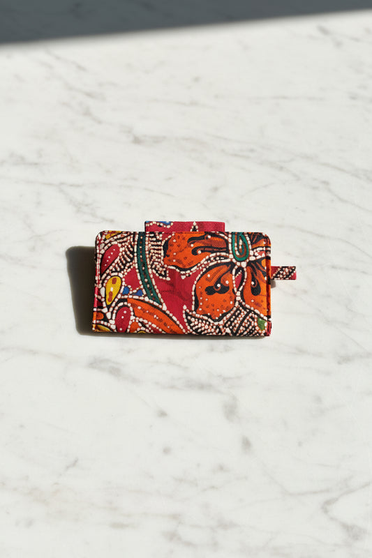 Red Batik card holder with 2 tiers and key holder loop, handmade in Singapore.