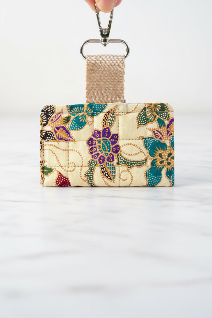 Quilted Batik card holder with high-quality lobster clasp attached by Japanese webbing handmade in Singapore.