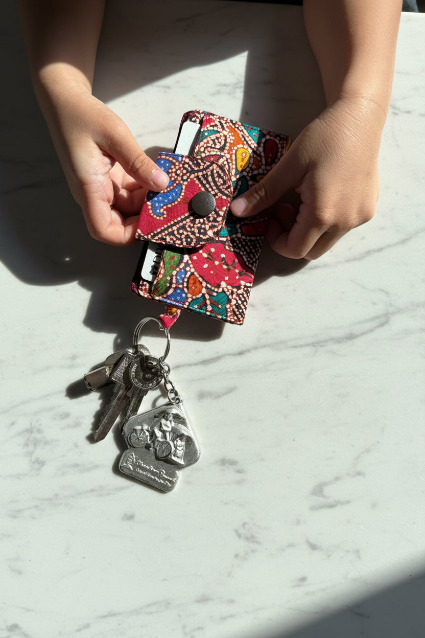 Red Batik card holder with 2 tiers and key holder loop, handmade in Singapore.