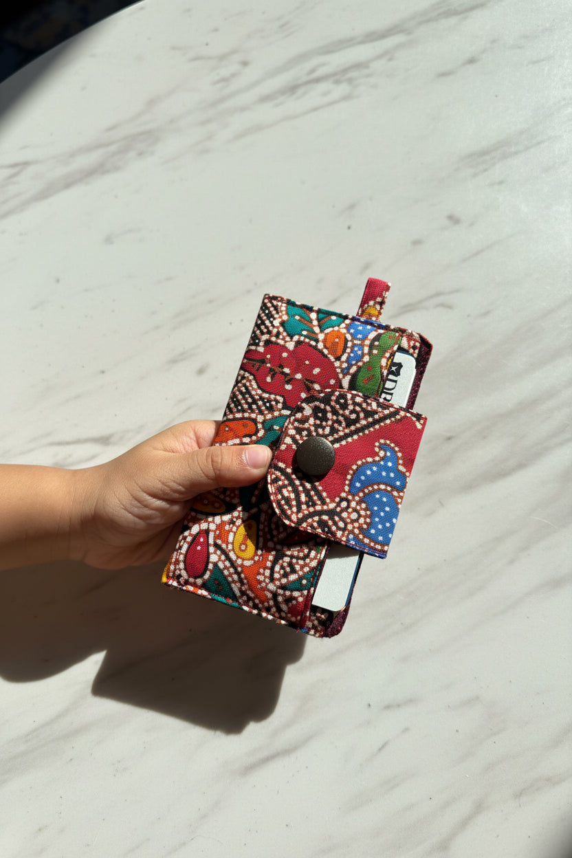 Red Batik card holder with 2 tiers and key holder loop, handmade in Singapore.