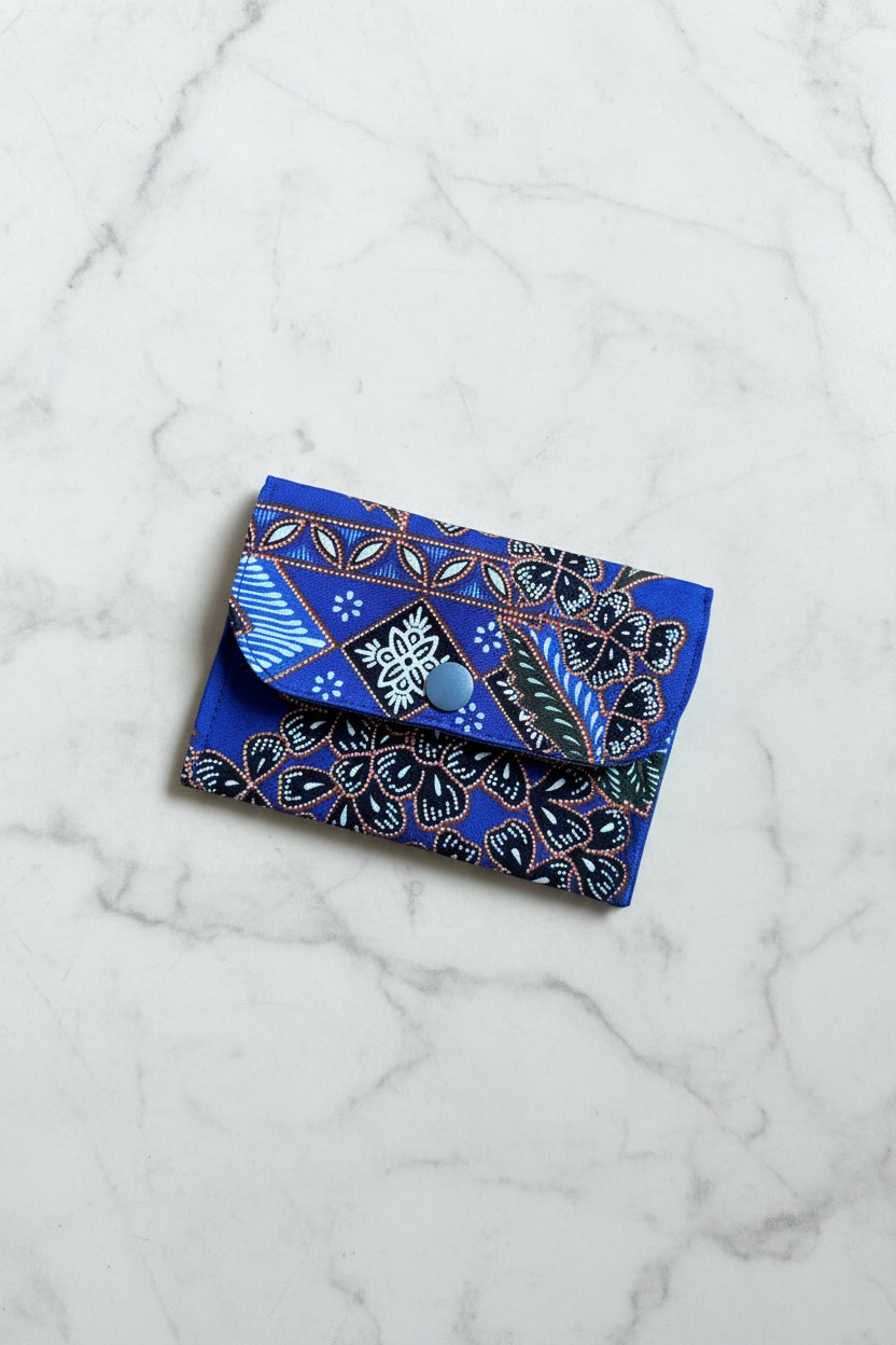 Blue Batik wallet with 3 card slots, handmade in Singapore.