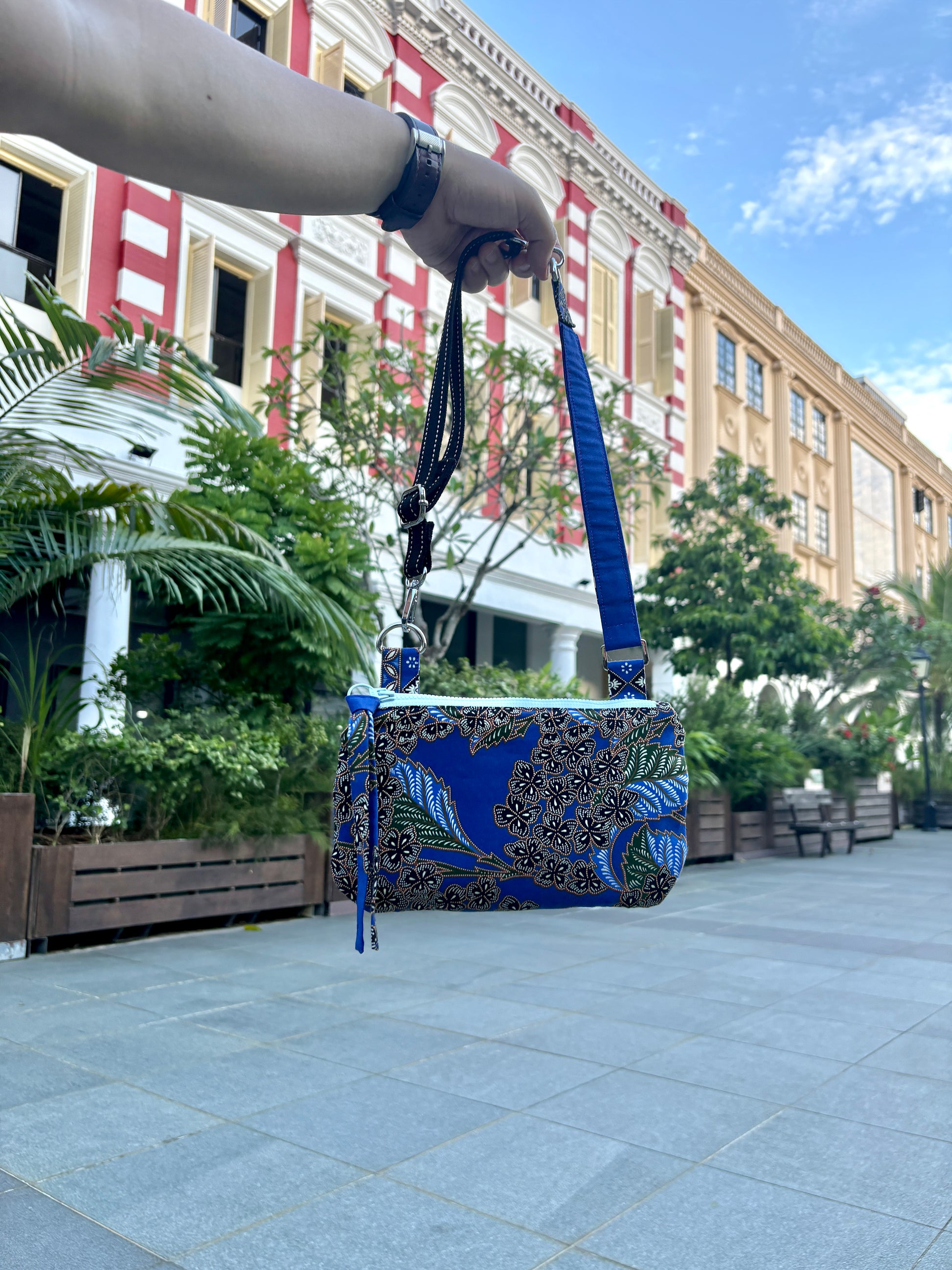 Blue Batik handbag with adjustable strap, handmade in Singapore.