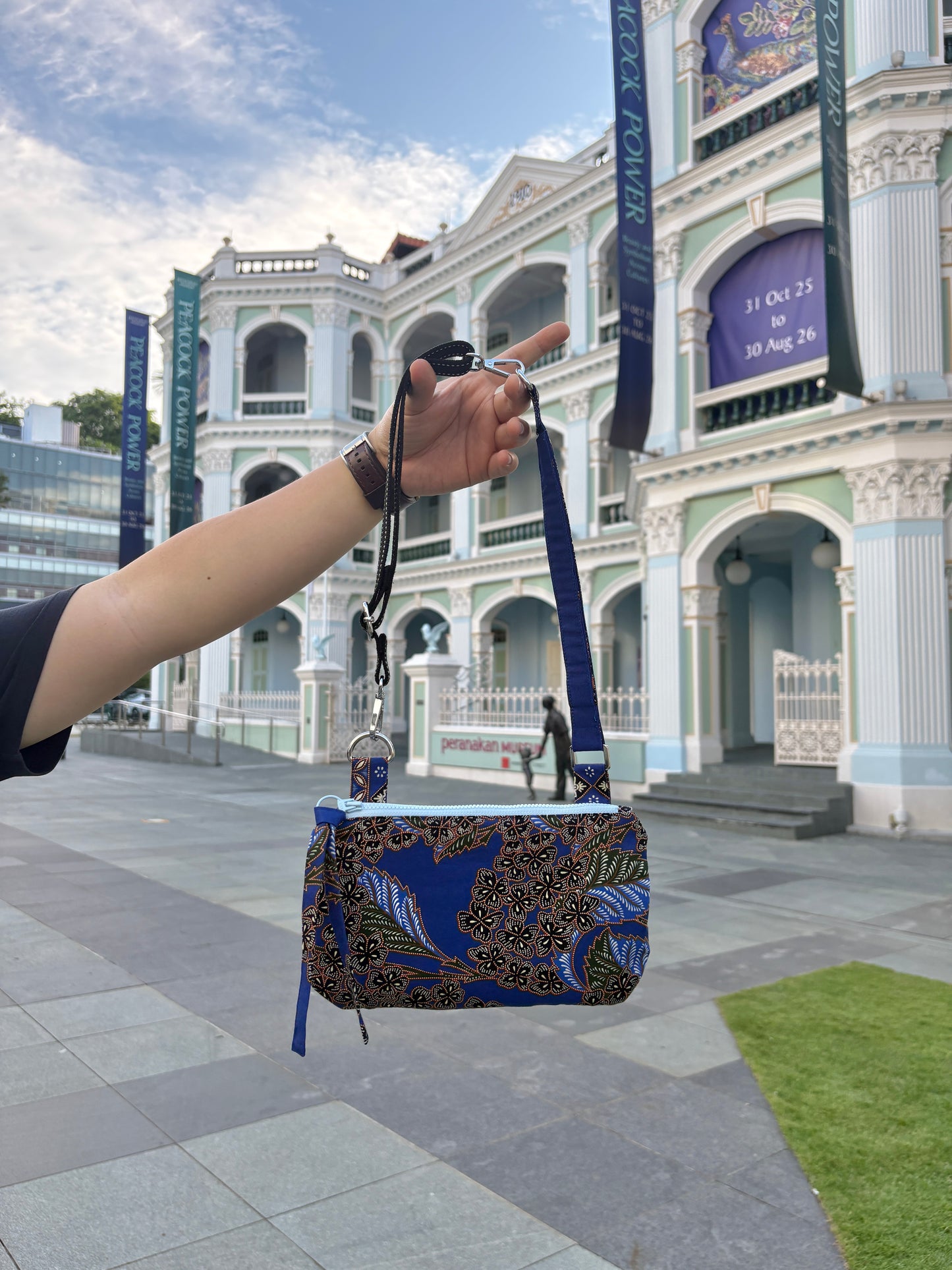 Blue Batik handbag with adjustable strap, handmade in Singapore.