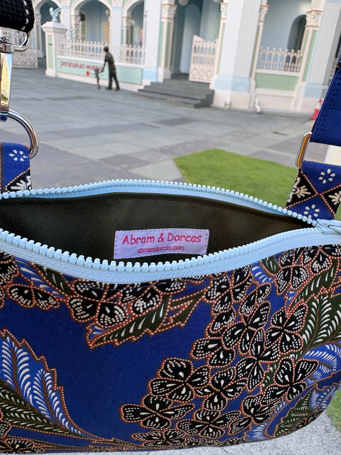 Blue Batik handbag with adjustable strap, handmade in Singapore.