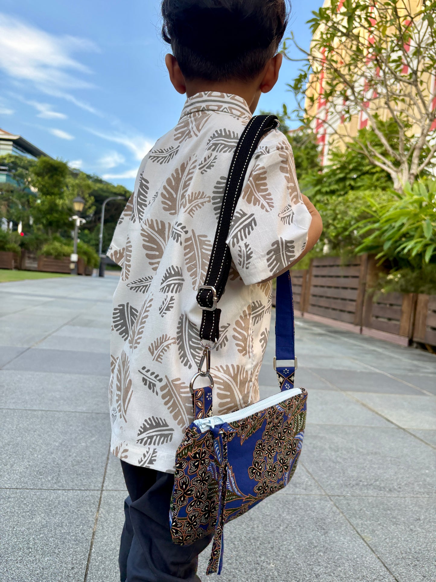 Blue Batik handbag with adjustable strap, handmade in Singapore.
