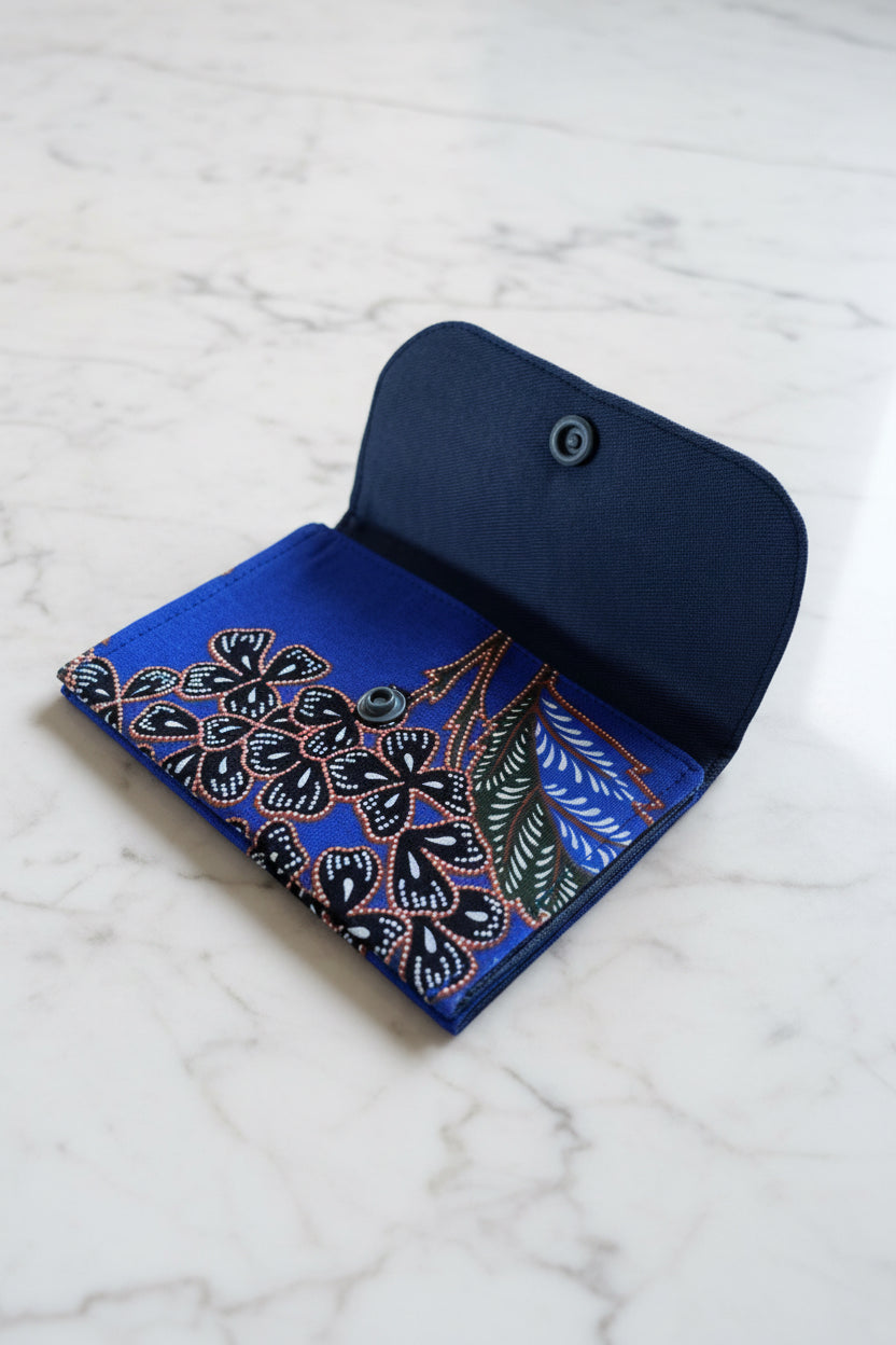 Blue Batik wallet with 3 card slots, handmade in Singapore.
