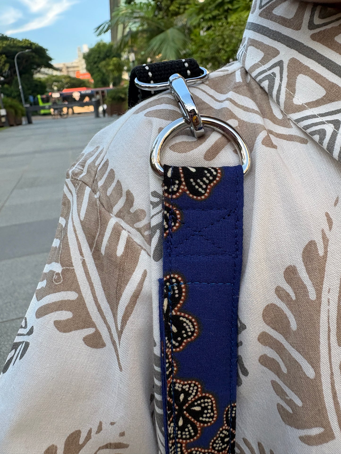 Blue Batik handbag with adjustable strap, handmade in Singapore.