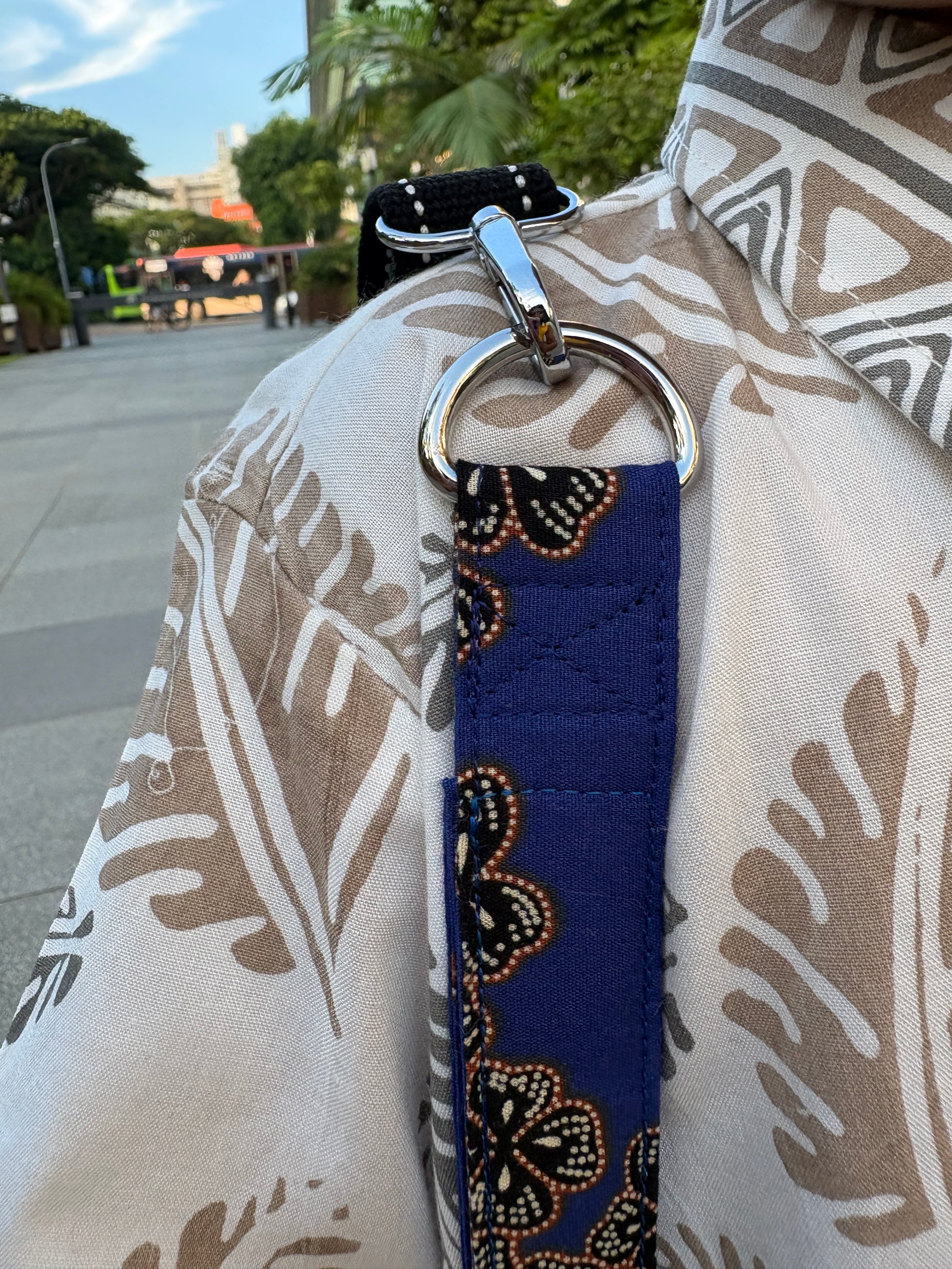 Blue Batik handbag with adjustable strap, handmade in Singapore.