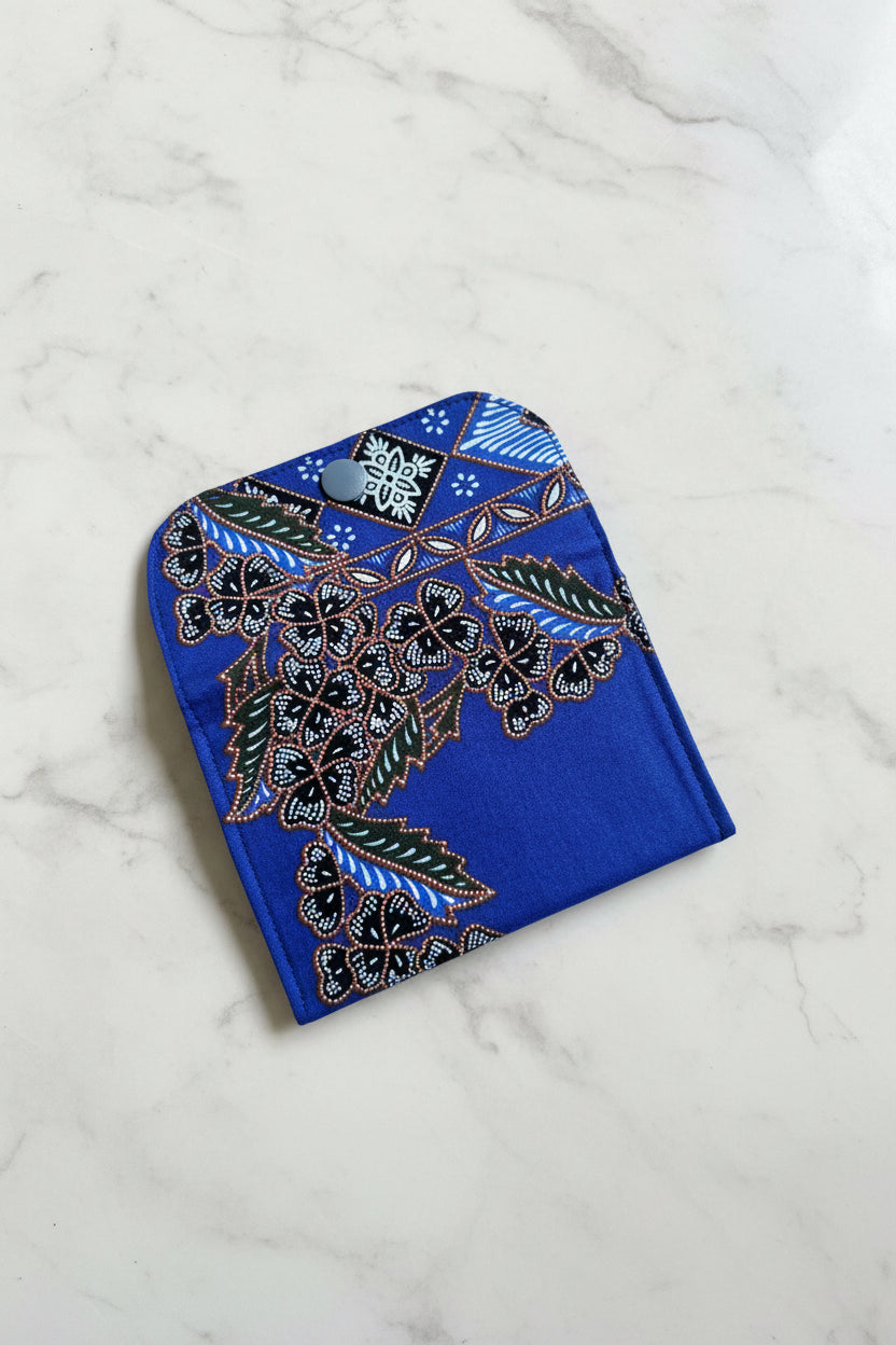 Blue Batik wallet with 3 card slots, handmade in Singapore.