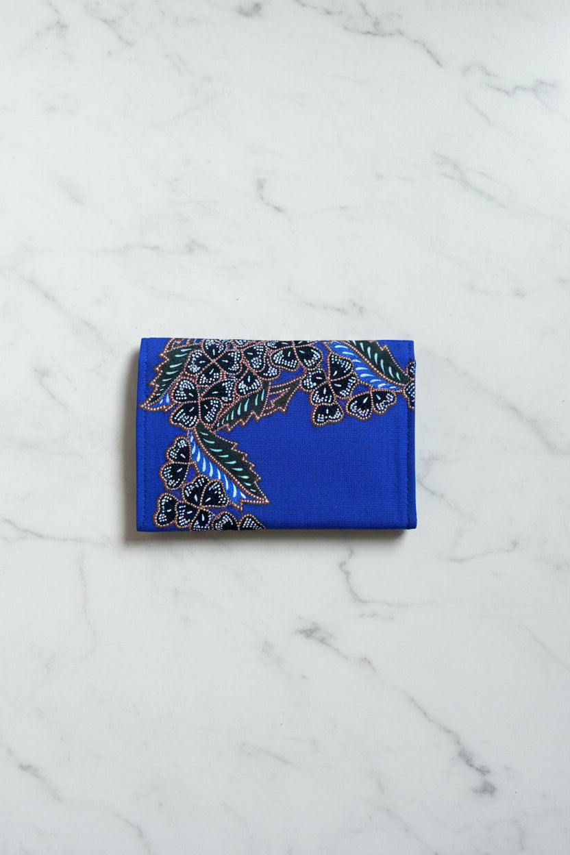 Blue Batik wallet with 3 card slots, handmade in Singapore.
