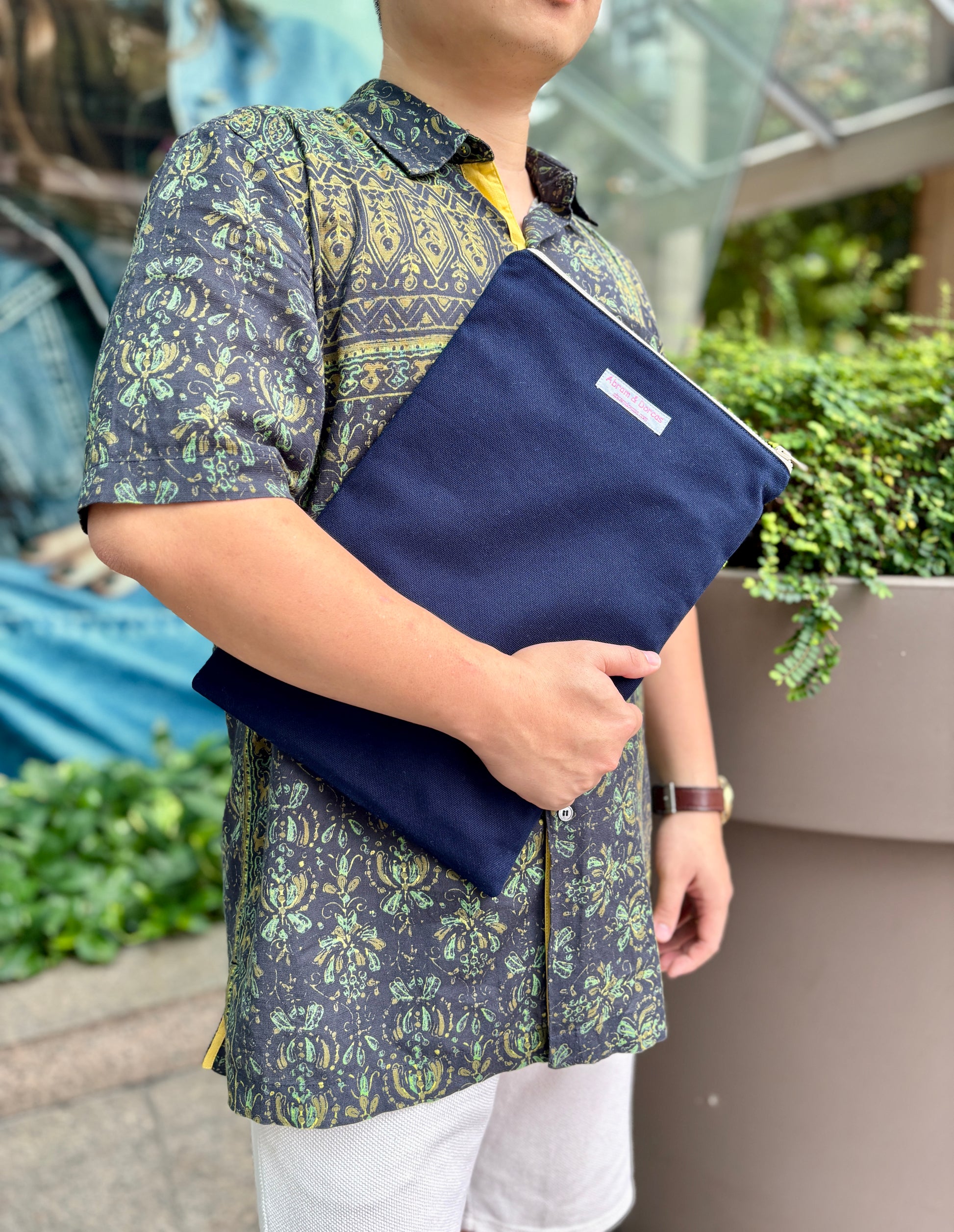 Blue Japanese canvas 12-13 inch laptop sleeve, can fit iPad 11 inch. Handmade in Singapore. Batik lining.