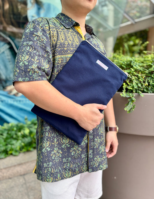 Blue Japanese canvas 12-13 inch laptop sleeve, can fit iPad 11 inch. Handmade in Singapore. Batik lining.