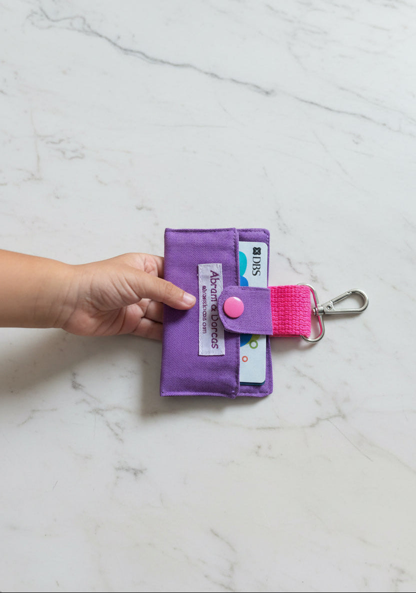Japanese canvas card holder, securely stores 6 cards with lobster clasp to hook on to keys, lanyard, bag or belt loop.