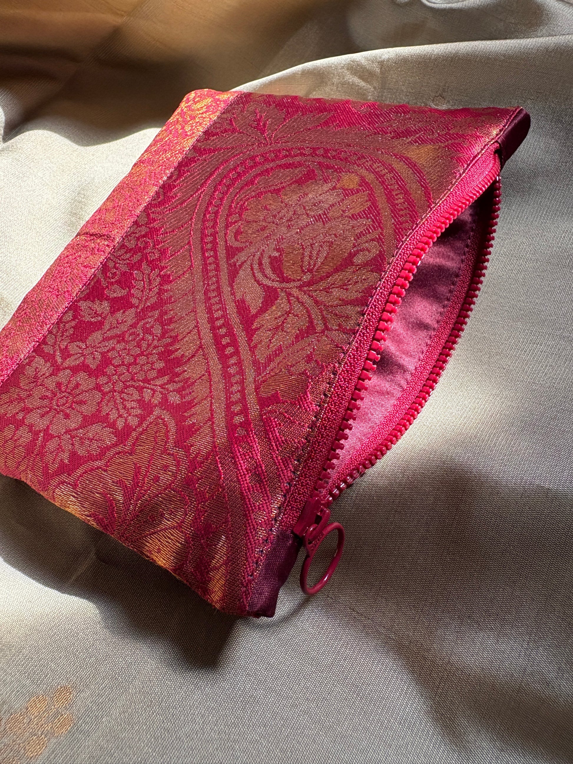 Pouch with YKK zipper  made from sari fabric handmade in Singapore