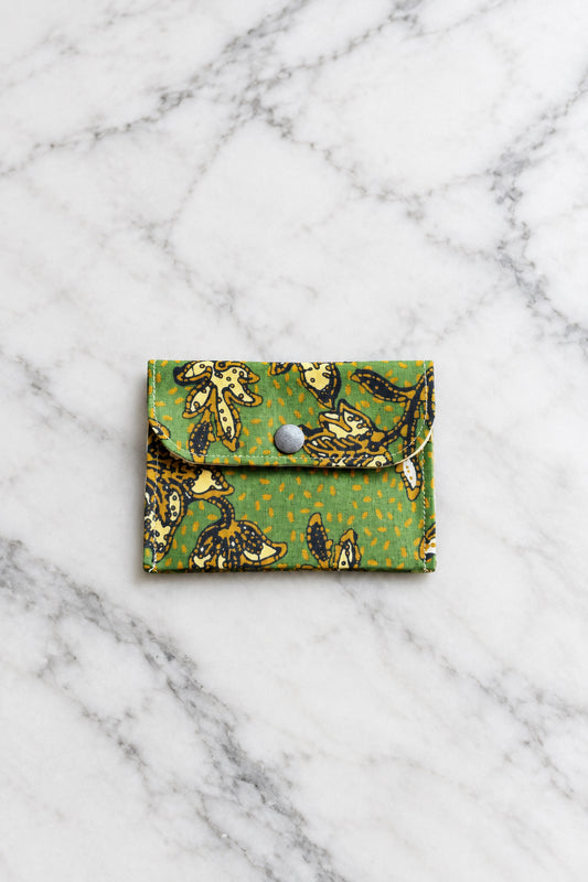 Green Batik wallet with 3 slots and snap button closure. Handcrafted in Singapore.