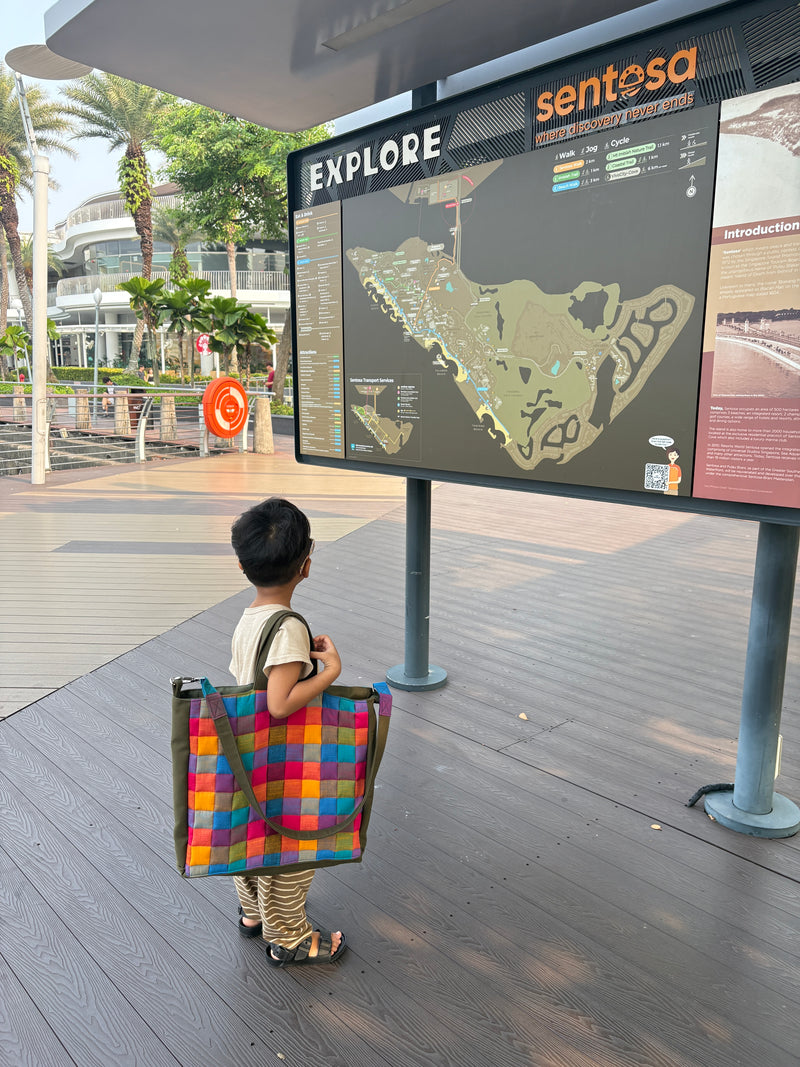 Japanese canvas book tote with short handles and long shoulder strap, featuring quilted Madras check front panels and a large interior with 4 pockets.