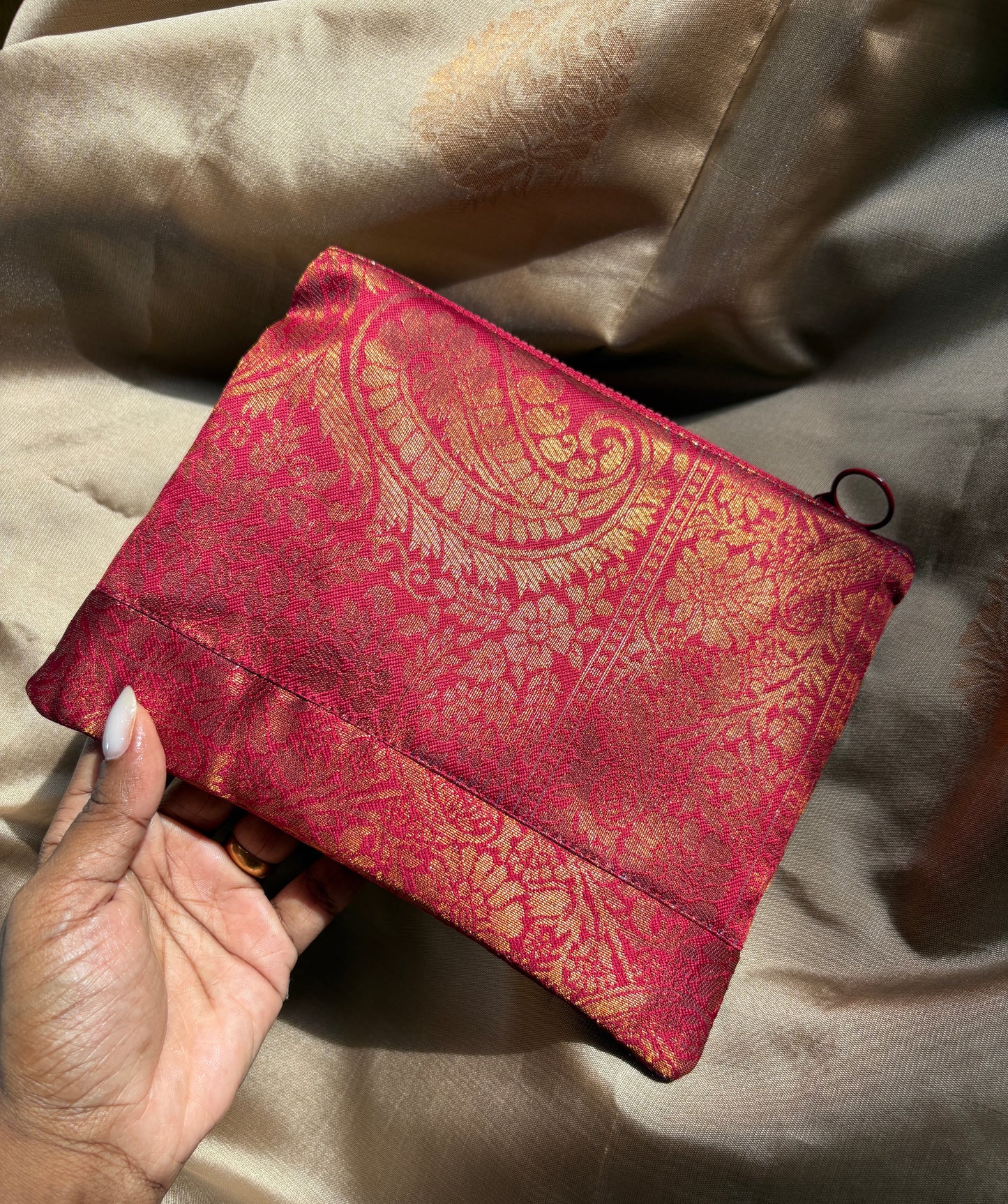 Red sari fabric zipper pouch handmade in Singapore
