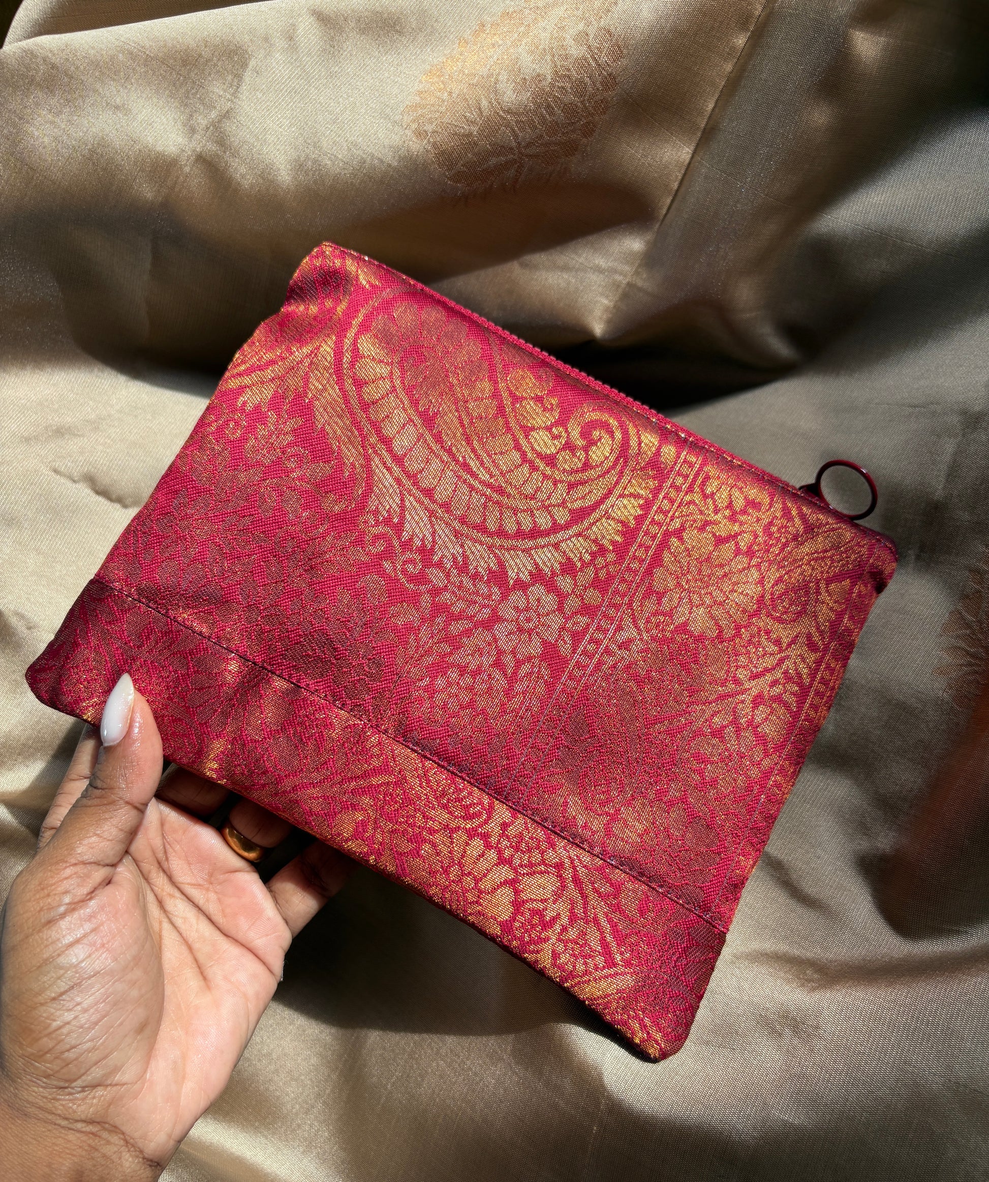 Red sari fabric zipper pouch handmade in Singapore