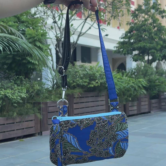 Blue Batik handbag with adjustable strap, handmade in Singapore.
