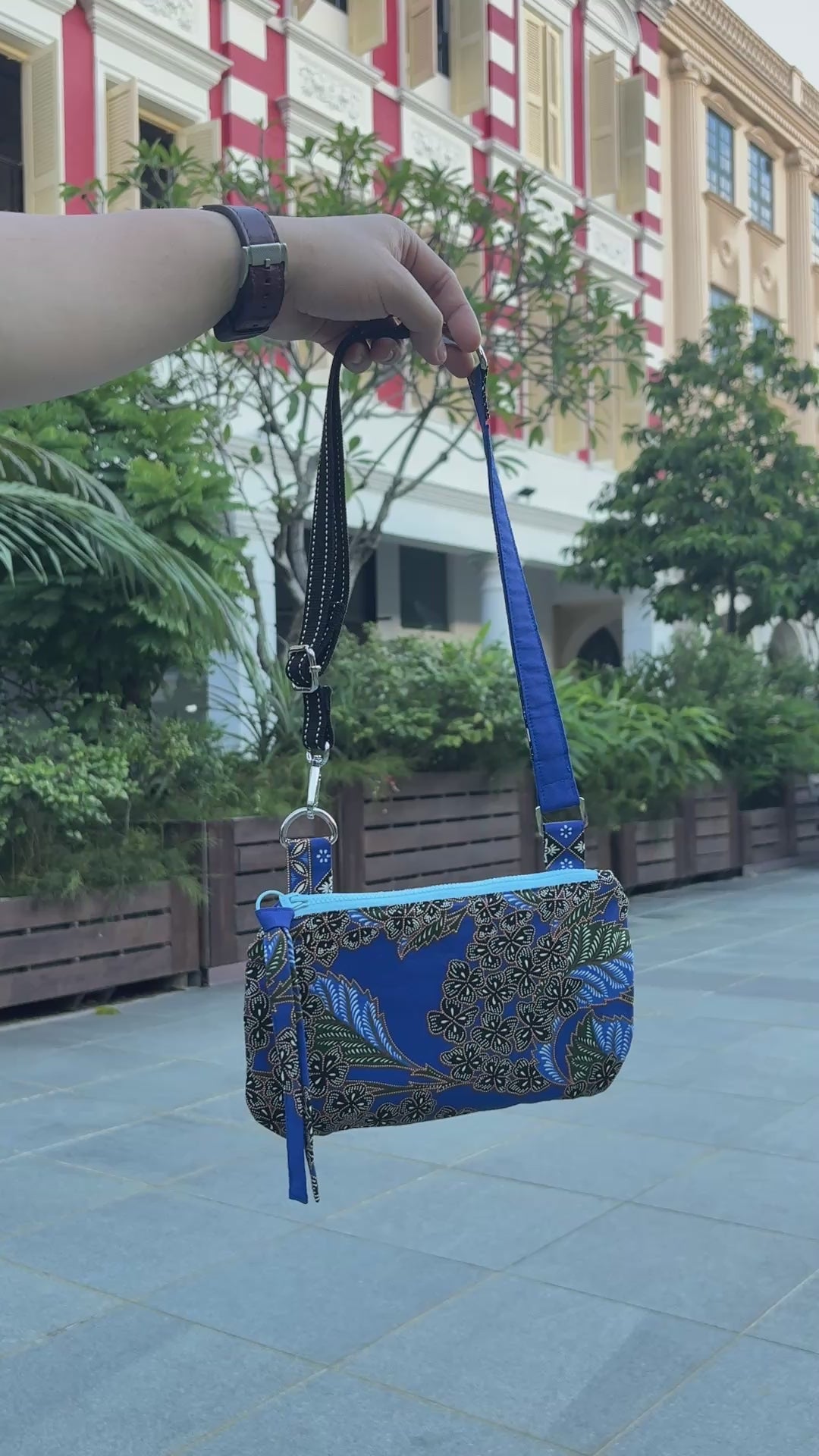 Blue Batik handbag with adjustable strap, handmade in Singapore.