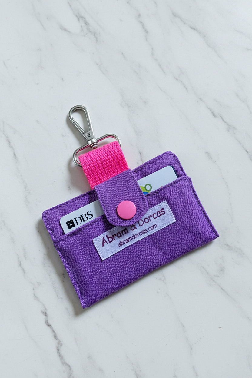 Japanese canvas card holder, securely stores 6 cards with lobster clasp to hook on to keys, lanyard, bag or belt loop.