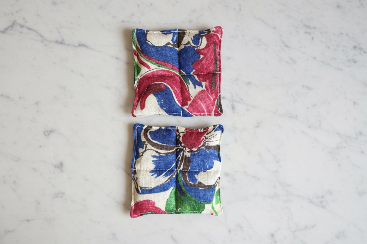 Handmade in Singapore floral coasters quilted in 3 different patterns using Japanese YUWA linen fabric sourced from Nagoya.