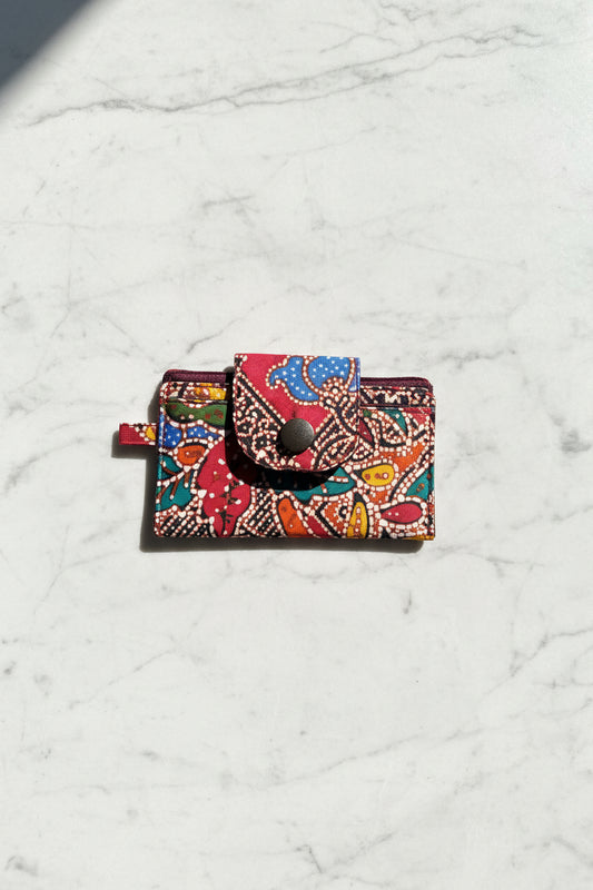 Red Batik card holder with 2 tiers and key holder loop, handmade in Singapore.