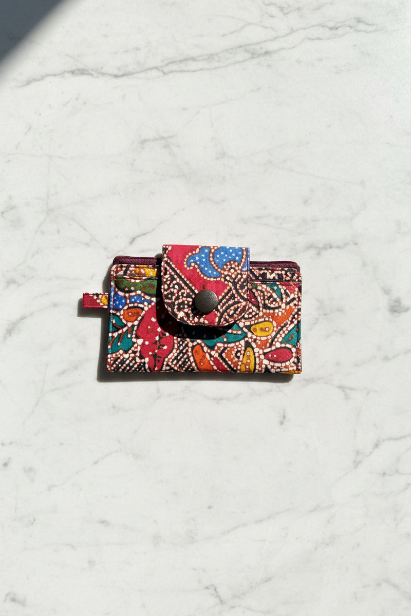 Red Batik card holder with 2 tiers and key holder loop, handmade in Singapore.
