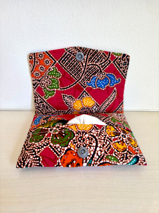 Red Batik tissue holder pouch made from cotton Batik and snap closure, handmade in Singapore.