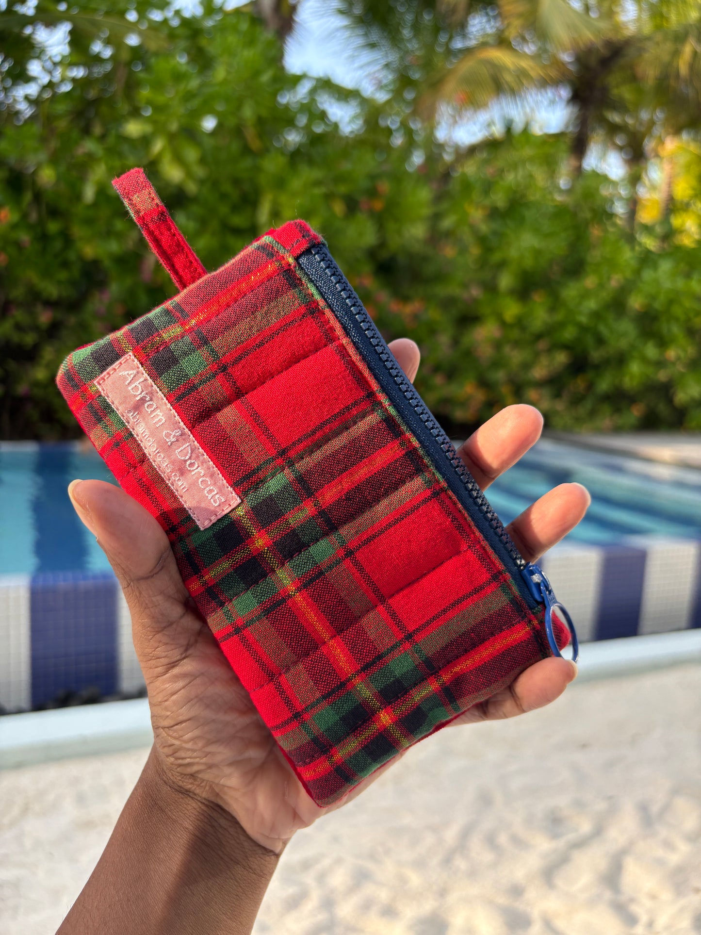 Red tartan and velvet with blue YKK zipper pouch handmade in Singapore.