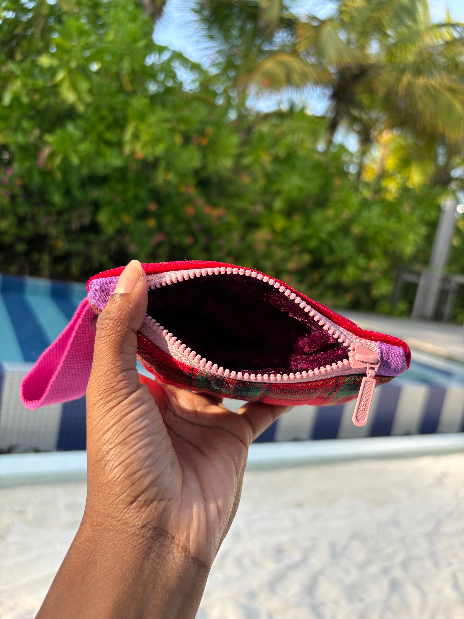 Red tartan and velvet with pink YKK zipper pouch and pink strap handmade in Singapore.