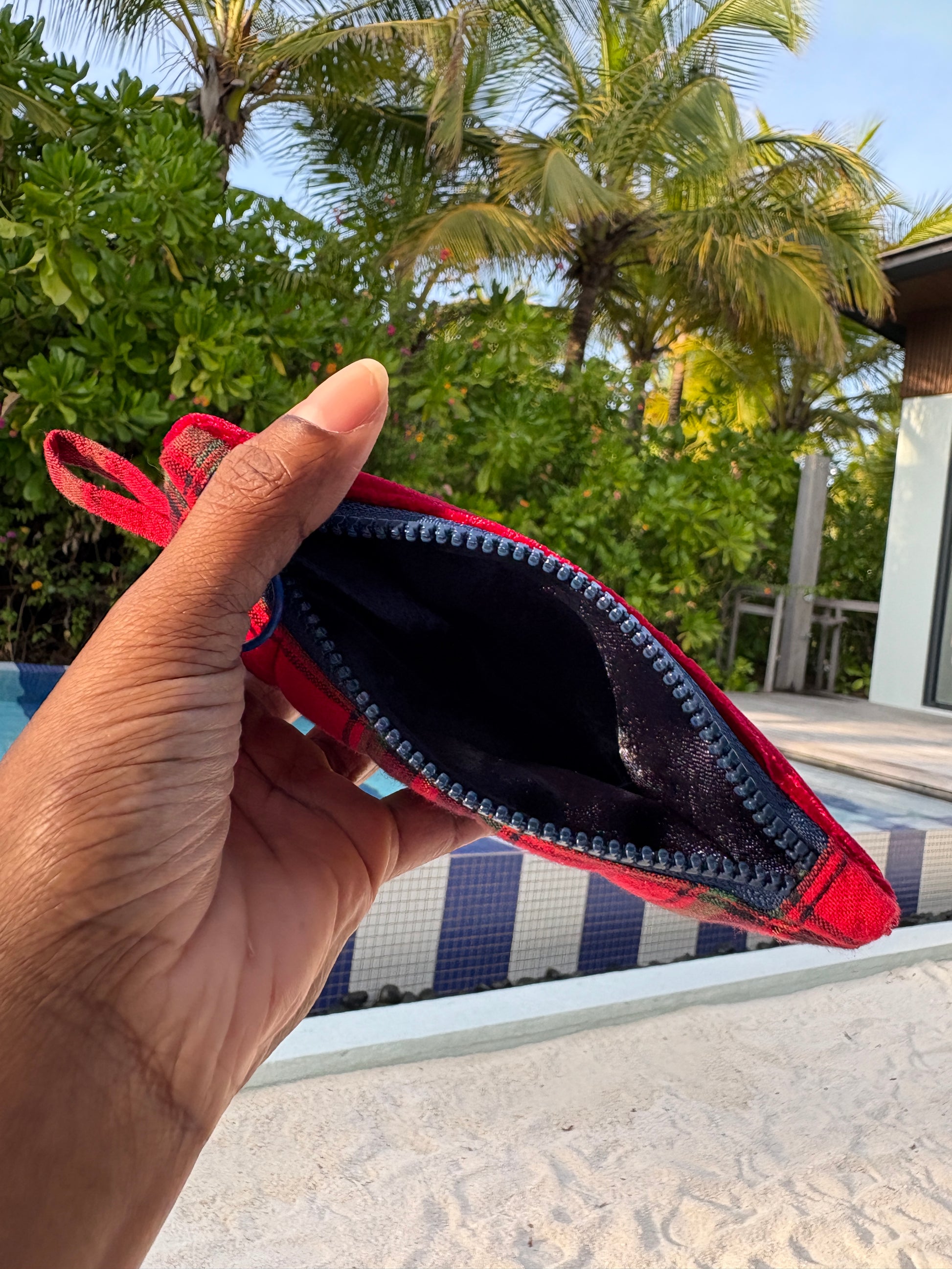 Red tartan and velvet with blue YKK zipper pouch handmade in Singapore.