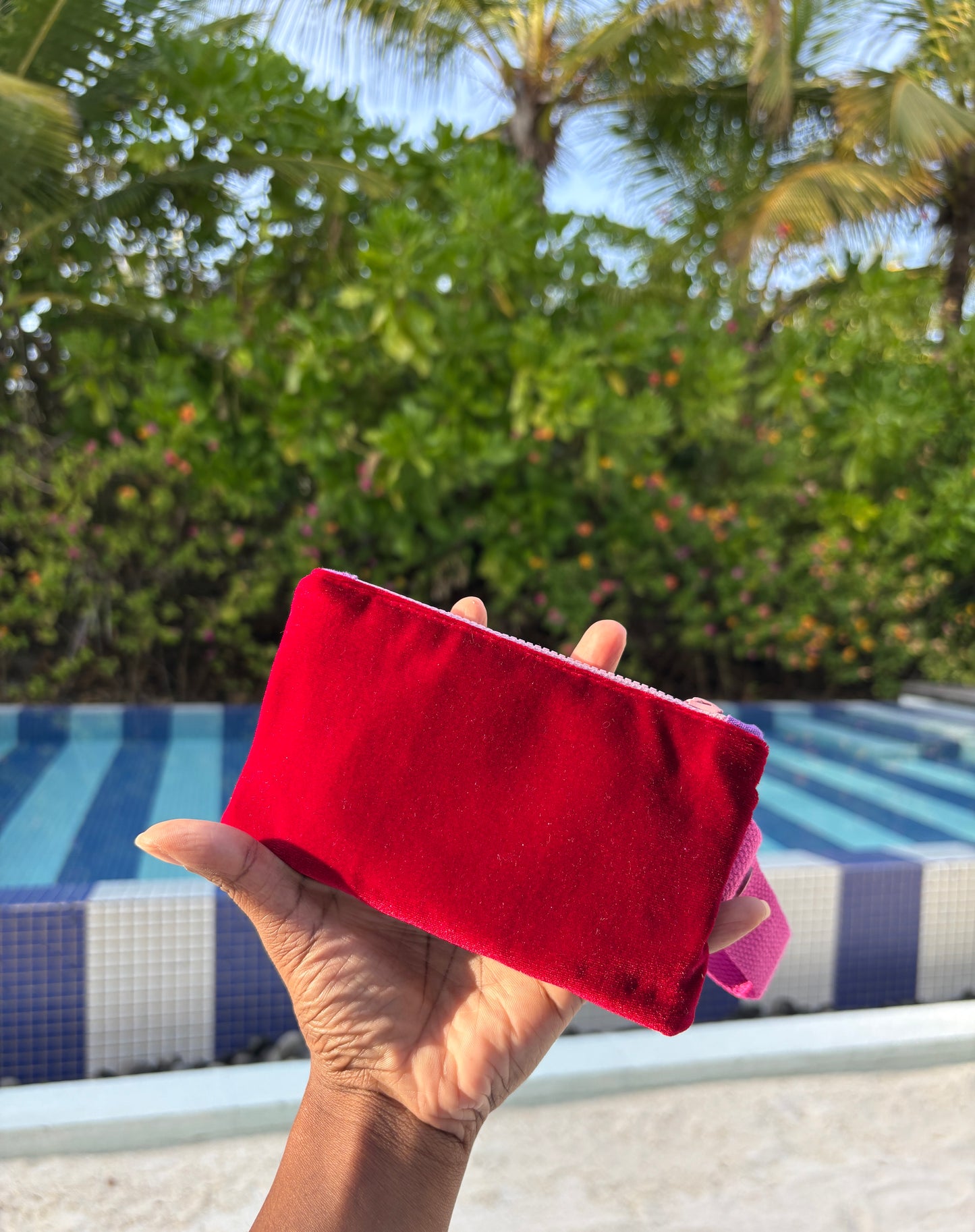 Red tartan and velvet with pink YKK zipper pouch and pink strap handmade in Singapore.