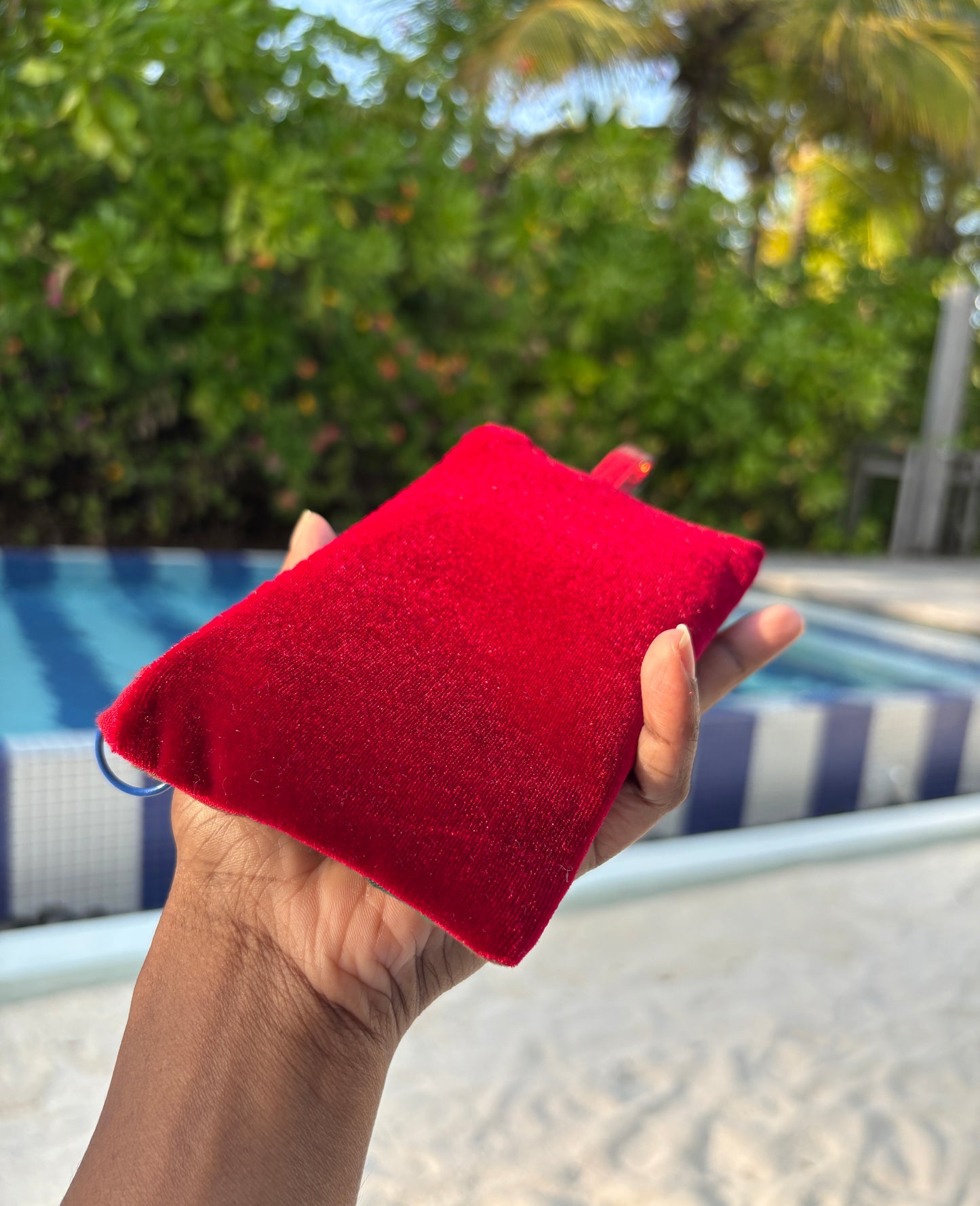 Red tartan and velvet with blue YKK zipper pouch handmade in Singapore.