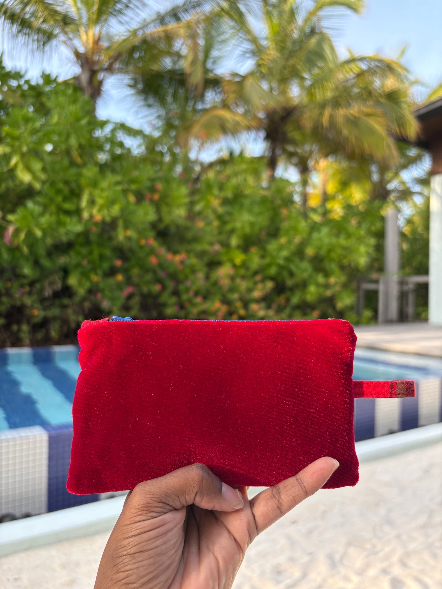 Red tartan and velvet with blue YKK zipper pouch handmade in Singapore.