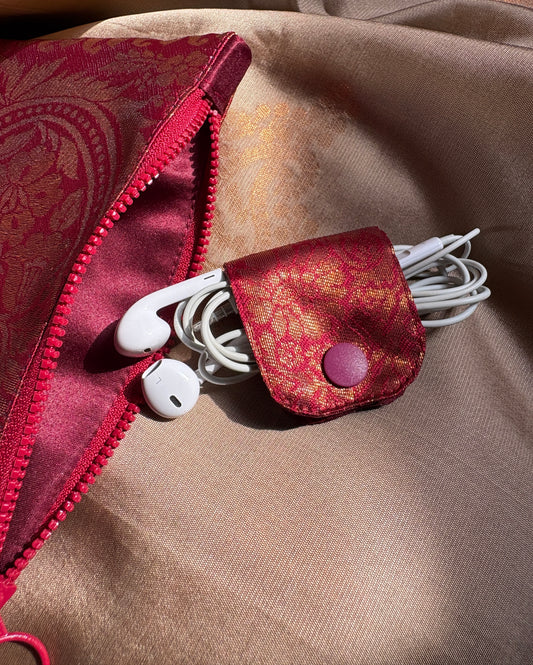 Red zipper pouch and cable organiser handmade in Singapore with sari fabric 