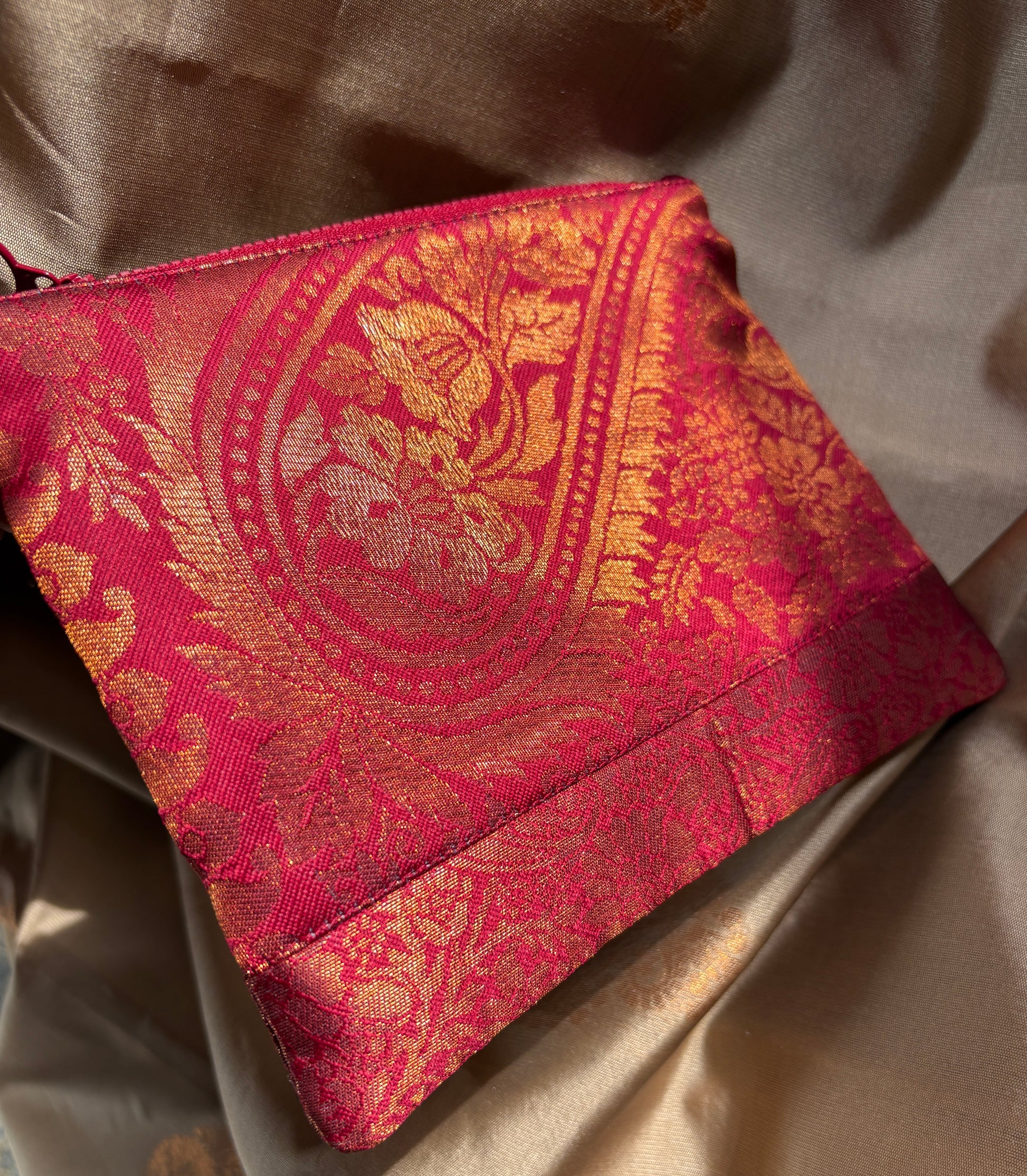 Red sari fabric zipper pouch handmade in Singapore
