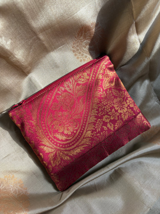 Red zipper pouch handmade in Singapore with sari fabric