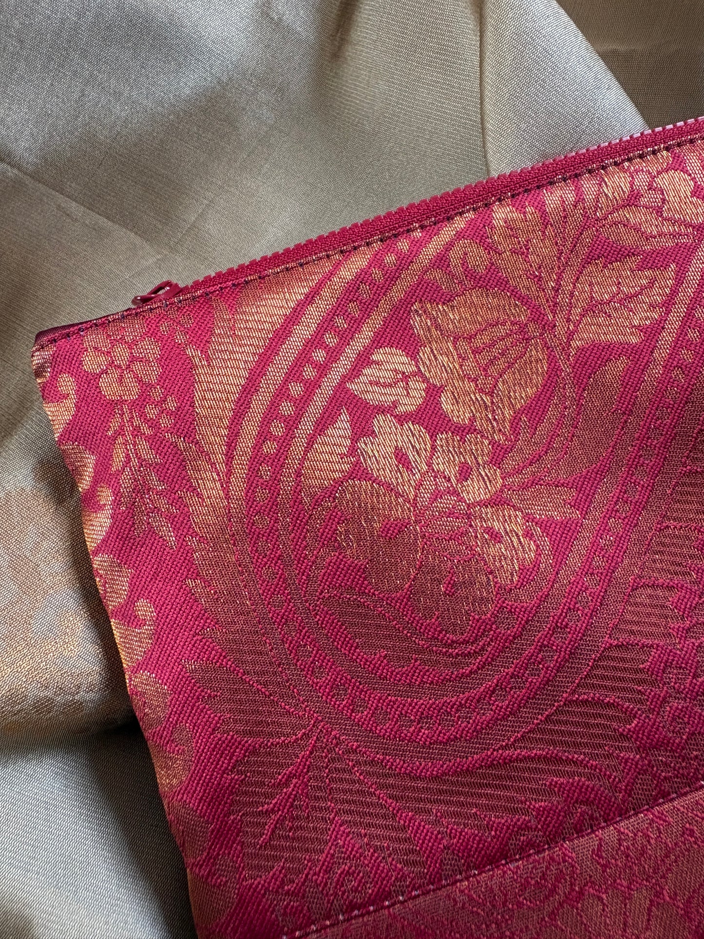 Red sari fabric zipper pouch handmade in Singapore